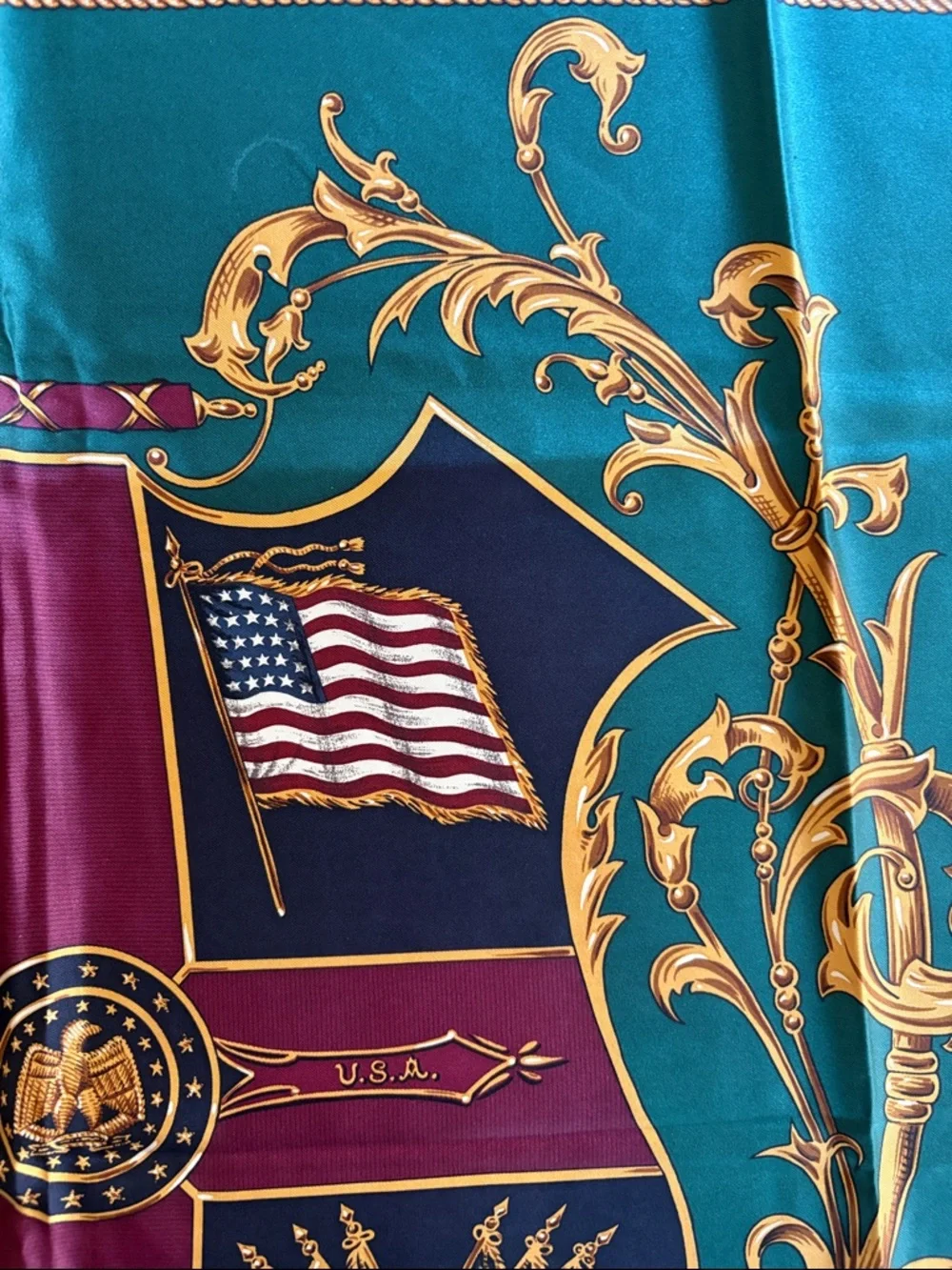 Vintage Polo Ralph Lauren Heraldic Silk Scarf - Teal, Navy, Gold, Burgundy